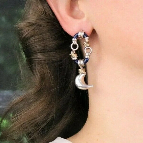 Sterling Silver Blue Crescent Moon Earrings Puffy Moon Dangle Drop Earrings - Picture 2 of 6